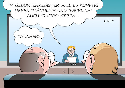 Cartoon: Geschlecht (medium) by Erl tagged politik,gesellschaft,geburt,geschlecht,männlich,weiblich,divers,eintrag,geburtenregister,recht,gesetz,englisch,taucher,missverständnis,verständnis,entwicklung,fortschritt,toleranz,transgender,cisgender,mann,frau,kind,kinder,karikatur,erl,politik,gesellschaft,geburt,geschlecht,männlich,weiblich,divers,eintrag,geburtenregister,recht,gesetz,englisch,taucher,missverständnis,verständnis,entwicklung,fortschritt,toleranz,transgender,cisgender,mann,frau,kind,kinder,karikatur,erl