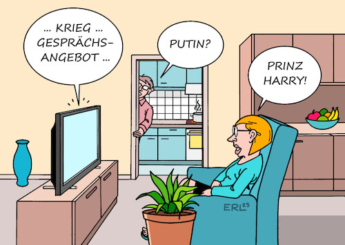 Cartoon: Gesprächsangebot (medium) by Erl tagged politik,gesellschaft,großbritannien,uk,monarchie,royals,windsor,prinz,harry,biografie,angriffe,familie,vater,könig,charles,bruder,kronprinz,william,familienkrieg,gesprächsangebot,krieg,angriff,überfall,wladimir,putin,russland,ukraine,fernsehen,karikatur,erl,politik,gesellschaft,großbritannien,uk,monarchie,royals,windsor,prinz,harry,biografie,angriffe,familie,vater,könig,charles,bruder,kronprinz,william,familienkrieg,gesprächsangebot,krieg,angriff,überfall,wladimir,putin,russland,ukraine,fernsehen,karikatur,erl