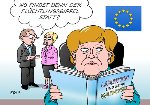 Cartoon: Gipfel (medium) by Erl tagged flüchtlinge,eu,europa,werte,solidarität,quote,egoismus,versagen,streit,abschottung,gipfel,sondergipfel,wunder,lourdes,bundeskanzlerin,angela,merkel,karikatur,erl,flüchtlinge,eu,europa,werte,solidarität,quote,egoismus,versagen,streit,abschottung,gipfel,sondergipfel,wunder,lourdes,bundeskanzlerin,angela,merkel,karikatur,erl