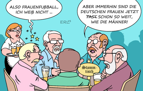 Cartoon: Gleichstand (medium) by Erl tagged politik,sport,fußball,frauen,frauenfußball,weltmeisterschaft,wm,2023,australien,neuseeland,aus,deutschland,vorrunde,südkorea,2018,2022,männer,männerfußball,gleichstand,stammtisch,karikatur,erl,politik,sport,fußball,frauen,frauenfußball,weltmeisterschaft,wm,2023,australien,neuseeland,aus,deutschland,vorrunde,südkorea,2018,2022,männer,männerfußball,gleichstand,stammtisch,karikatur,erl