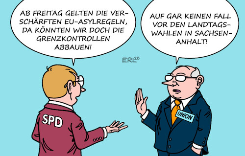 Cartoon: Grenzkontrollen (medium) by Erl tagged politik,migration,asyl,regeln,verschärfung,eu,deutschland,grenzkontrollen,abbau,spd,union,landtagswahlen,sachsen,anhalt,afd,karikatur,erl,politik,migration,asyl,regeln,verschärfung,eu,deutschland,grenzkontrollen,abbau,spd,union,landtagswahlen,sachsen,anhalt,afd,karikatur,erl