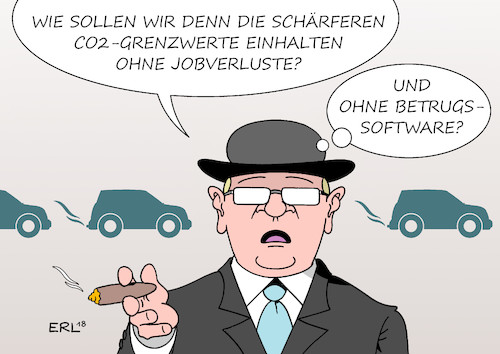 Cartoon: Grenzwerte (medium) by Erl tagged politik,wirtschaft,industrie,umwelt,ökonomie,ökologie,eu,klimaschutz,grenzwerte,co2,abgase,auto,neuwagen,verschärfung,protest,autobauer,autoindustrie,drohung,gefahr,arbeitsplätze,abbau,jobs,jobverlust,dieselskandal,betrug,software,karikatur,erl,politik,wirtschaft,industrie,umwelt,ökonomie,ökologie,eu,klimaschutz,grenzwerte,co2,abgase,auto,neuwagen,verschärfung,protest,autobauer,autoindustrie,drohung,gefahr,arbeitsplätze,abbau,jobs,jobverlust,dieselskandal,betrug,software,karikatur,erl