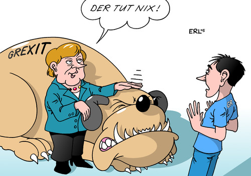 Cartoon: Grexit (medium) by Erl tagged griechenland,krise,euro,banken,schulden,neuwahlen,merkel,hinweis,austritt,eurozone,grexit,harmlos,hund,karikatur,erl,griechenland,krise,euro,banken,schulden,neuwahlen,merkel,hinweis,austritt,eurozone,grexit,harmlos,hund