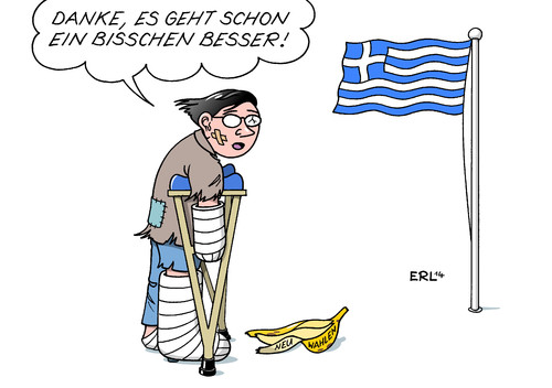 Cartoon: Griechenland (medium) by Erl tagged griechenland,krise,schulden,banken,euro,sparkurs,eu,troika,genesung,neuwahlen,gipsbein,gips,bananenschale,karikatur,erl,griechenland,krise,schulden,banken,euro,sparkurs,eu,troika,genesung,neuwahlen,gipsbein,gips,bananenschale