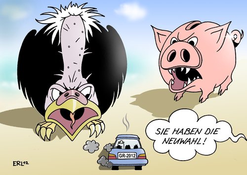 Cartoon: Griechenland Neuwahl (medium) by Erl tagged sparschwein,pleitegeier,neuwahl,scheitern,regierungsbildung,wahl,hilfsgelder,rettungsschirm,hilfpaket,sparkurs,eu,krise,schulden,griechenland,griechenland,schulden,krise,eu,sparkurs,rettungsschirm,hilfsgelder