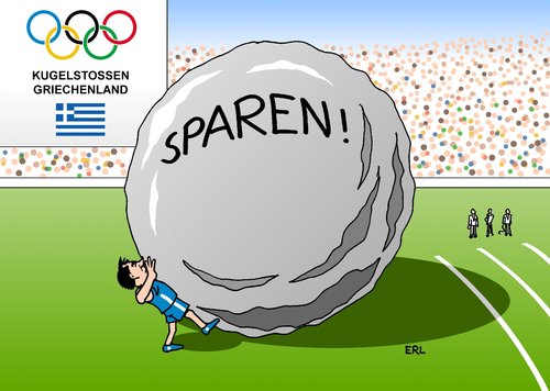 Cartoon: Griechenland Olympia (medium) by Erl tagged euro,krise,schulden,griechenland,rettungsschirm,zahlung,kontrolle,troika,eu,iwf,ezb,sparen,sparkurs,kugelstoßen,olympia,olympische,spiele,london,2012