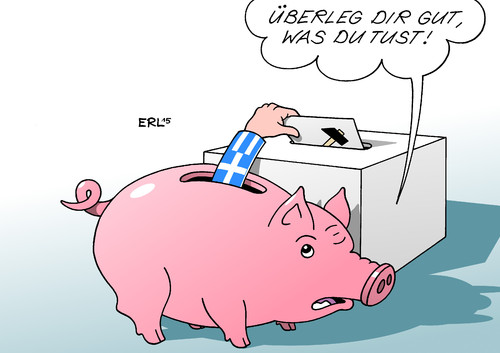 Cartoon: Griechenland Wahl (medium) by Erl tagged griechenland,wahl,sparkurs,sparschwein,eu,iwf,ezb,troika,gefangen,befreiung,syriza,linkspartei,alexis,tsipras,verarmung,arm,reich,wahlurne,warnung,karikatur,erl,griechenland,wahl