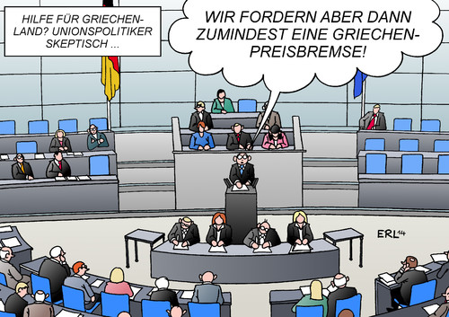 Cartoon: Griechenlandhilfe (medium) by Erl tagged griechenland,krise,schulden,regierung,tsipras,reformen,hilfe,kredit,geld,finanzen,bundestag,beratung,skepsis,cdu,csu,koalition,mietpreisbremse,karikatur,erl,griechenland,krise,schulden,regierung,tsipras,reformen,hilfe,kredit,geld,finanzen,bundestag,beratung,skepsis,cdu,csu,koalition,mietpreisbremse