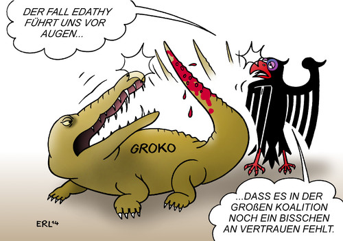 Cartoon: GroKo Edathy (medium) by Erl tagged bundestagsabgeordneter,politiker,edathy,sebastian,verdacht,straftat,namensliste,bka,innenministerium,innenminister,friedrich,weitergabe,spd,spitze,rücktritt,csu,cdu,staatsanwalt,große,koalition,misstrauen,vertrauen,bundesadler,sebastian,edathy,verdacht