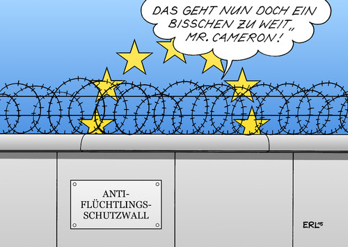 Cartoon: Großbritannien (medium) by Erl tagged eu,flüchtlinge,asyl,großbritannien,eurotunnel,abschottung,berliner,mauer,antifaschistischer,schutzwall,stacheldraht,david,cameron,premierminister,europa,werte,karikatur,erl,eu,flüchtlinge,asyl,großbritannien,eurotunnel,abschottung,berliner,mauer,antifaschistischer,schutzwall,stacheldraht,david,cameron,premierminister,europa,werte