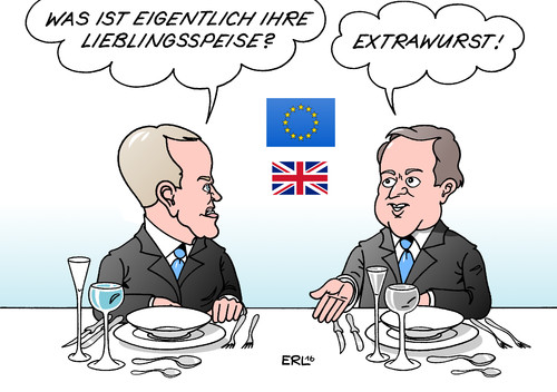 Cartoon: Großbritannien (medium) by Erl tagged großbritannien,eu,referendum,austritt,brexit,verhandlung,reformen,sonderrechte,extrawurst,lieblingsspeise,donald,tusk,david,cameron,karikatur,erl,großbritannien,eu,referendum,austritt,brexit,verhandlung,reformen,sonderrechte,extrawurst,lieblingsspeise,donald,tusk,david,cameron,karikatur,erl