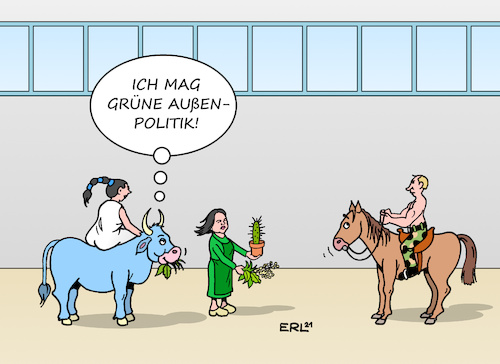 Cartoon: Grüne Außenpolitik I (medium) by Erl tagged politik,außenpolitik,grün,außenministerin,annalena,baerbock,bündnis90,die,grünen,grüne,antrittsbesuch,paris,brüssel,eu,europa,stier,linie,russland,präsident,putin,aggression,ukraine,krim,pferd,futter,bio,gras,blätter,hafer,kaktus,karikatur,erl,politik,außenpolitik,grün,außenministerin,annalena,baerbock,bündnis90,die,grünen,grüne,antrittsbesuch,paris,brüssel,eu,europa,stier,linie,russland,präsident,putin,aggression,ukraine,krim,pferd,futter,bio,gras,blätter,hafer,kaktus,karikatur,erl