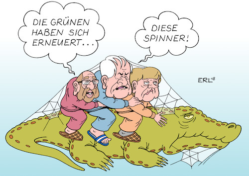 Cartoon: Grüne Erneuerung (medium) by Erl tagged politik,bündnis,90,die,grünen,grüne,vorsitzende,personal,wechsel,cem,özdemir,simone,peter,robert,habeck,annalena,baerbock,anja,piel,parteitag,generationswechsel,ökologie,erneuerbare,energie,erneuerung,große,koalition,groko,cdu,csu,spd,wahlverlierer,schulz,seehofer,merkel,alt,verbraucht,stillstand,spinnwebe,spinnennetz,karikatur,erl,politik,bündnis,90,die,grünen,grüne,vorsitzende,personal,wechsel,cem,özdemir,simone,peter,robert,habeck,annalena,baerbock,anja,piel,parteitag,generationswechsel,ökologie,erneuerbare,energie,erneuerung,große,koalition,groko,cdu,csu,spd,wahlverlierer,schulz,seehofer,merkel,alt,verbraucht,stillstand,spinnwebe,spinnennetz,karikatur,erl