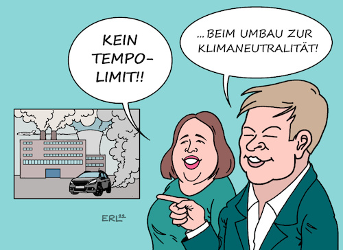 Cartoon: Grüne gegen Tempolimit (medium) by Erl tagged politik,bündnis90,die,grünen,grüne,vorsitzende,ricarda,lang,wirtschaftsminister,robert,habeck,forderung,pläne,tempo,umbau,industrie,verkehr,klimaneutralität,klimaneutral,tempolimit,karikatur,erl,politik,bündnis90,die,grünen,grüne,vorsitzende,ricarda,lang,wirtschaftsminister,robert,habeck,forderung,pläne,tempo,umbau,industrie,verkehr,klimaneutralität,klimaneutral,tempolimit,karikatur,erl