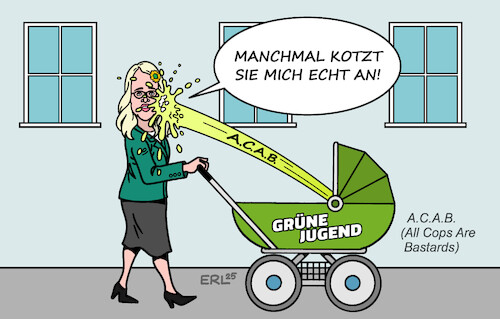 Cartoon: Grüne Jugend (medium) by Erl tagged politik,grüne,jugend,sprecherin,jette,nietzard,acab,all,cops,are,bastards,kinderwagen,ankotzen,die,grünen,dröge,karikatur,erl,politik,grüne,jugend,sprecherin,jette,nietzard,acab,all,cops,are,bastards,kinderwagen,ankotzen,die,grünen,dröge,karikatur,erl