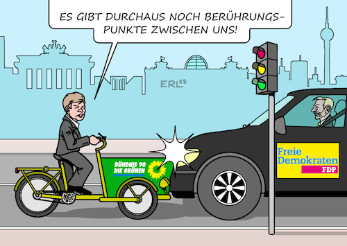 Cartoon: Grüne und FDP (medium) by Erl tagged politik,regierung,ampel,streit,konfrontation,bündnis90,die,grünen,fdp,verkehrspolitik,klimaschutz,kindergrundsicherung,finanzierung,wirtschaftsminister,robert,habeck,finanzminister,christian,lindner,lastenfahhrad,auto,suv,berührungspunkte,karikatur,erl,politik,regierung,ampel,streit,konfrontation,bündnis90,die,grünen,fdp,verkehrspolitik,klimaschutz,kindergrundsicherung,finanzierung,wirtschaftsminister,robert,habeck,finanzminister,christian,lindner,lastenfahhrad,auto,suv,berührungspunkte,karikatur,erl