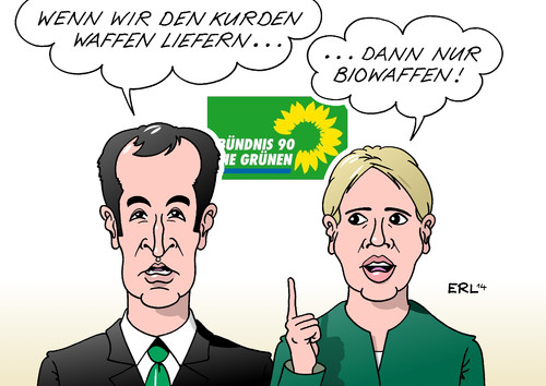 Cartoon: Grüne Waffen II (medium) by Erl tagged bündnis,90,die,grünen,grüne,partei,parteitag,position,waffen,lieferung,waffenlieferung,kurden,kampf,is,staat,biowaffen,cem,özdemir,simone,peter,vorsitzende,karikatur,erl,bündnis,90,die,grünen,grüne,partei,parteitag,position,waffen,lieferung,waffenlieferung,kurden,kampf,is,staat,biowaffen,cem,özdemir,simone,peter,vorsitzende