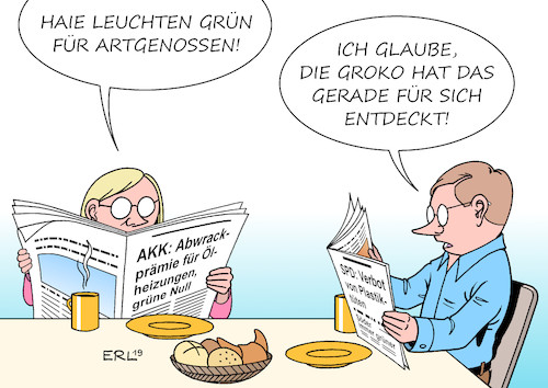 Cartoon: Grünes Leuchten (medium) by Erl tagged politik,ökologie,umwelt,klima,klimawandel,erderwärmung,umfragehoch,bündnis,90,die,grünen,trend,groko,große,koalition,cdu,csu,spd,svenja,schulze,verbot,plastiktüten,annegret,kramp,karrenbauer,abwrackprämie,ölheizungen,grüne,null,markus,söder,bahn,billiger,hai,haie,leuchten,grün,artgenossen,karikatur,erl,politik,ökologie,umwelt,klima,klimawandel,erderwärmung,umfragehoch,bündnis,90,die,grünen,trend,groko,große,koalition,cdu,csu,spd,svenja,schulze,verbot,plastiktüten,annegret,kramp,karrenbauer,abwrackprämie,ölheizungen,grüne,null,markus,söder,bahn,billiger,hai,haie,leuchten,grün,artgenossen,karikatur,erl