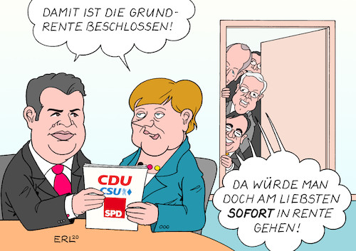 Cartoon: Grundrente (medium) by Erl tagged politik,groko,cdu,csu,spd,kabinett,beschluss,grundrente,alter,rente,aufwertung,altersarmut,nachfolge,vorsitz,annegret,kramp,karrenbauer,kanzlerkandidat,friedrich,merz,norbert,röttgen,armin,laschet,jens,spahn,bundeskanzlerin,angela,merkel,arbeitsminister,hubertus,heil,karikatur,erl,politik,groko,cdu,csu,spd,kabinett,beschluss,grundrente,alter,rente,aufwertung,altersarmut,nachfolge,vorsitz,annegret,kramp,karrenbauer,kanzlerkandidat,friedrich,merz,norbert,röttgen,armin,laschet,jens,spahn,bundeskanzlerin,angela,merkel,arbeitsminister,hubertus,heil,karikatur,erl