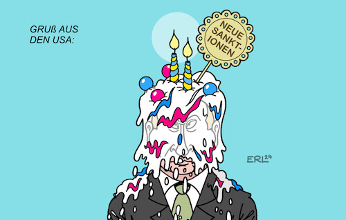 Cartoon: Gruß aus den USA (medium) by Erl tagged politik,krieg,angriff,überfall,terror,tod,zerstörung,wladimir,putin,russland,ukraine,zwei,jahre,geburtstag,torte,gruß,usa,neue,sanktionen,karikatur,erl,politik,krieg,angriff,überfall,terror,tod,zerstörung,wladimir,putin,russland,ukraine,zwei,jahre,geburtstag,torte,gruß,usa,neue,sanktionen,karikatur,erl