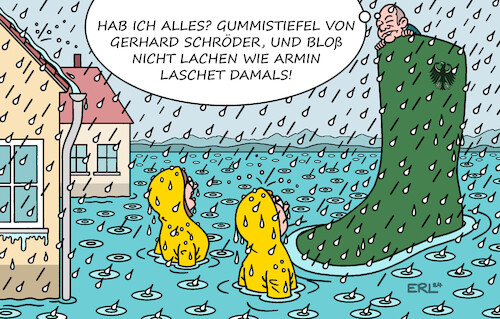 Cartoon: Gummistiefel-Kanzler (medium) by Erl tagged politik,wetter,regen,starkregen,süddeutschland,baden,württemberg,bayern,hochwasser,wasser,fluss,bach,flut,menschen,angst,besuch,bundeskanzler,olaf,scholz,wahlkampf,gummistiefel,gerhard,schröder,ernst,lachen,armin,laschet,ahrtal,klimawandel,erderwärmung,extremwetter,karikatur,erl,politik,wetter,regen,starkregen,süddeutschland,baden,württemberg,bayern,hochwasser,wasser,fluss,bach,flut,menschen,angst,besuch,bundeskanzler,olaf,scholz,wahlkampf,gummistiefel,gerhard,schröder,ernst,lachen,armin,laschet,ahrtal,klimawandel,erderwärmung,extremwetter,karikatur,erl