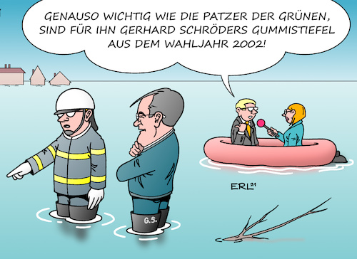 Cartoon: Gummistiefel (medium) by Erl tagged politik,klima,klimawandel,starkregen,hochwasser,rheinland,pfalz,nordrhein,westfalen,nrw,ministerpräsident,armin,laschet,kanzlerkandidat,union,cdu,csu,wahlkampf,hilfe,die,grünen,annalena,baerbock,pannen,patzer,wahljahr,2002,gerhard,schröder,spd,besuch,hochwassergebiete,gummistiefel,wahlsieg,feuerwehr,schlauchboot,karikatur,erl,politik,klima,klimawandel,starkregen,hochwasser,rheinland,pfalz,nordrhein,westfalen,nrw,ministerpräsident,armin,laschet,kanzlerkandidat,union,cdu,csu,wahlkampf,hilfe,die,grünen,annalena,baerbock,pannen,patzer,wahljahr,2002,gerhard,schröder,spd,besuch,hochwassergebiete,gummistiefel,wahlsieg,feuerwehr,schlauchboot,karikatur,erl