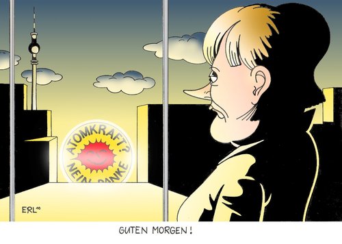 Cartoon: Guten Morgen! (medium) by Erl tagged merkel,regierung,koalition,cdu,csu,fdp,schwarz,gelb,atomkraft,energieversorger,atomkraftwerk,laufzeit,verlängerung,protest,antiatombewegung,erstarken,demonstration,sonne,sonnenaufgang,angela merkel,regierung,koalition,cdu,csu,fdp,schwarz,atomkraft,energieversorger,atomkraftwerk,laufzeit,verlängerung,protest,erstarken,antiatombewegung,demonstration,angela,merkel