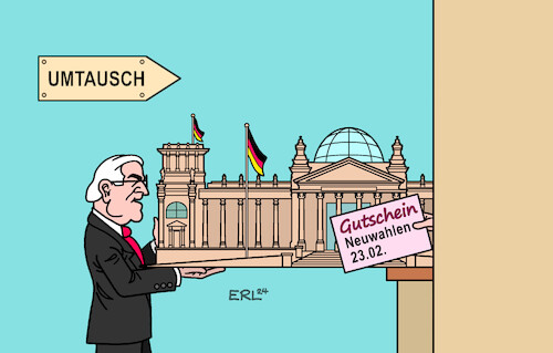 Cartoon: Gutschein (medium) by Erl tagged politik,bundespräsident,steinmeier,auflösung,bundestag,neuwahlen,umtausch,rückgabe,gutschein,karikatur,erl,politik,bundespräsident,steinmeier,auflösung,bundestag,neuwahlen,umtausch,rückgabe,gutschein,karikatur,erl