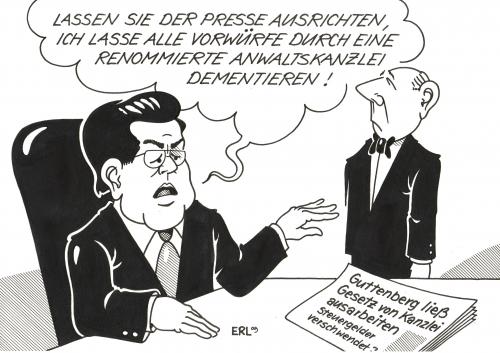 Cartoon: Guttenberg (medium) by Erl tagged guttenberg,gesetz,entwurf,auftrag,anwaltskanzlei,steuergeld,presse,dementieren,guttenberg,gesetz,entwurf,auftrag,anwaltskanzlei,steuergeld,presse,anwalt,finanzen,dementieren