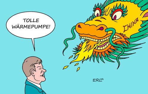 Cartoon: Habeck in China (medium) by Erl tagged politik,bundesregierung,ampel,wirtschaftsminister,robert,habeck,grüne,reise,besuch,china,drache,feuerspeiend,feuer,wärme,wärmepumpe,heizung,heizungsgesetz,klimaschutz,co2,klima,klimawandel,erderwärmung,karikatur,erl,politik,bundesregierung,ampel,wirtschaftsminister,robert,habeck,grüne,reise,besuch,china,drache,feuerspeiend,feuer,wärme,wärmepumpe,heizung,heizungsgesetz,klimaschutz,co2,klima,klimawandel,erderwärmung,karikatur,erl