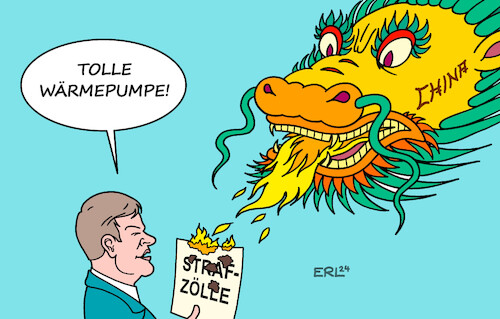 Cartoon: Habeck in China II (medium) by Erl tagged politik,bundesregierung,ampel,wirtschaftsminister,robert,habeck,grüne,reise,besuch,china,drache,feuerspeiend,feuer,wärme,wärmepumpe,heizung,heizungsgesetz,klimaschutz,co2,klima,klimawandel,erderwärmung,verkehr,elektroauto,subventionen,eu,strafzölle,karikatur,erl,politik,bundesregierung,ampel,wirtschaftsminister,robert,habeck,grüne,reise,besuch,china,drache,feuerspeiend,feuer,wärme,wärmepumpe,heizung,heizungsgesetz,klimaschutz,co2,klima,klimawandel,erderwärmung,verkehr,elektroauto,subventionen,eu,strafzölle,karikatur,erl