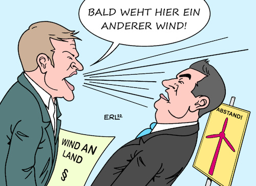 Cartoon: Habecks Windenergie (medium) by Erl tagged politik,klima,klimawandel,krieg,russland,ukraine,energiewende,tempo,wirtschaftsminister,robert,habeck,wind,an,land,gesetz,bund,vorschrift,länder,anteil,windenergie,bayern,abstand,regel,10h,bremse,markus,söder,karikatur,erl,politik,klima,klimawandel,krieg,russland,ukraine,energiewende,tempo,wirtschaftsminister,robert,habeck,wind,an,land,gesetz,bund,vorschrift,länder,anteil,windenergie,bayern,abstand,regel,10h,bremse,markus,söder,karikatur,erl