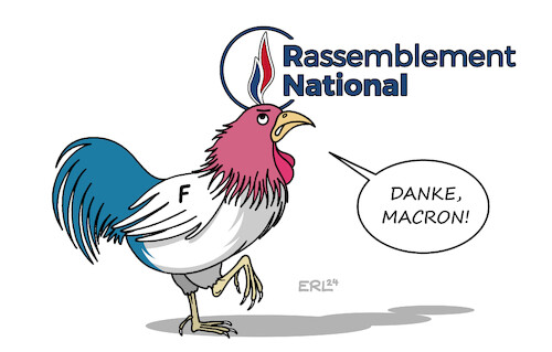 Cartoon: Hahnenkamm (medium) by Erl tagged politik,frankreich,europawahl,verluste,partei,renaissance,präsident,emmanuel,macron,ausrufung,neuwahlen,parlamentswahl,erster,durchgang,sieg,rassemblement,national,marinae,le,pen,rechtspopulismus,rechtsextremismus,gallischer,hahn,hahnenkamm,flamme,parteilogo,karikatur,erl,politik,frankreich,europawahl,verluste,partei,renaissance,präsident,emmanuel,macron,ausrufung,neuwahlen,parlamentswahl,erster,durchgang,sieg,rassemblement,national,marinae,le,pen,rechtspopulismus,rechtsextremismus,gallischer,hahn,hahnenkamm,flamme,parteilogo,karikatur,erl