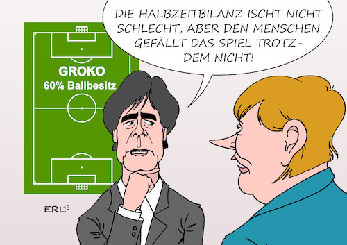 Cartoon: Halbzeitbilanz (medium) by Erl tagged politik,groko,große,koalition,cdu,csu,spd,halbzeitbilanz,positiv,image,wähler,schlecht,umfragetief,merkel,löw,fußball,karikatur,erl,politik,groko,große,koalition,cdu,csu,spd,halbzeitbilanz,positiv,image,wähler,schlecht,umfragetief,merkel,löw,fußball,karikatur,erl