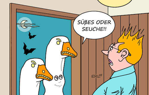 Cartoon: Halloween 2025 (medium) by Erl tagged politik,medizin,seuche,tier,vogelgrippe,vögel,gans,gänse,halloween,verkleidung,grusel,horror,karikatur,erl,politik,medizin,seuche,tier,vogelgrippe,vögel,gans,gänse,halloween,verkleidung,grusel,horror,karikatur,erl