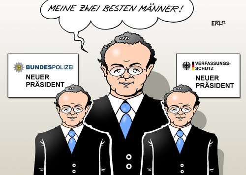 Cartoon: Hans-Peter Friedrich (medium) by Erl tagged bundesinnenminister,innenminister,hans,peter,friedrich,entlassung,präsident,bundesamt,verfassungsschutz,bundespolizei,gefolgsleute,innenministerium,vertrauen,romann,maaßen,bundesinnenminister,entlassung,verfassungsschutz,hans peter friedrich,bundespolizei,hans,peter,friedrich