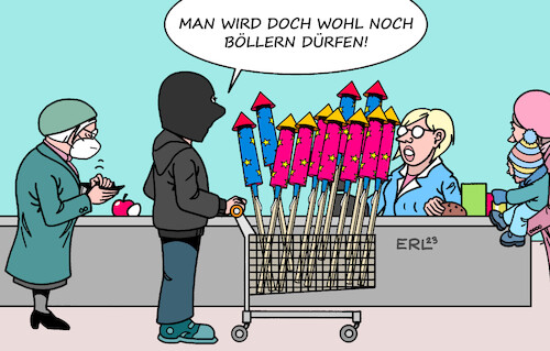 Cartoon: Harmloser Spaß (medium) by Erl tagged politik,jahresende,jahreswechsel,silvester,neujahr,krawalle,silvesterkrawalle,angriff,polizei,rettungskräfte,feuerwehr,feuerwerkskörper,raketen,feuerwerk,böller,diskussion,böllerverbot,karikatur,erl,politik,jahresende,jahreswechsel,silvester,neujahr,krawalle,silvesterkrawalle,angriff,polizei,rettungskräfte,feuerwehr,feuerwerkskörper,raketen,feuerwerk,böller,diskussion,böllerverbot,karikatur,erl