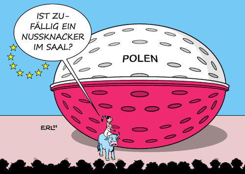 Cartoon: Harte Nuss (medium) by Erl tagged politik,eu,gipfel,streit,polen,harte,nuss,nussknacker,rechtsstaatlichkeit,justiz,recht,europa,stier,karikatur,erl,politik,eu,gipfel,streit,polen,harte,nuss,nussknacker,rechtsstaatlichkeit,justiz,recht,europa,stier,karikatur,erl