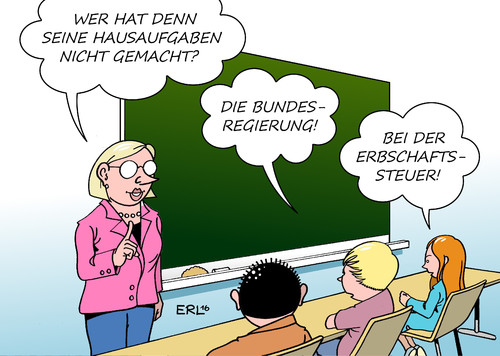 Cartoon: Hausaufgaben (medium) by Erl tagged erl,karikatur,schülerin,schüler,lehrerin,kinder,vorbild,schule,hausaufgaben,ungenügend,frist,karlsruhe,bundesverfassungsgericht,urteil,nachbesserung,gesetzgeber,gesetz,steuer,erbschaftssteuer,erbschaftssteuer,steuer,gesetz,gesetzgeber,nachbesserung,urteil,bundesverfassungsgericht,karlsruhe,frist,ungenügend,hausaufgaben,schule,vorbild,kinder,lehrerin,schüler,schülerin,karikatur,erl