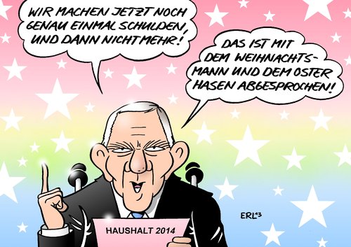 Cartoon: Haushalt (medium) by Erl tagged weihnachtsmann,osterhase,optimist,optimismus,himmelblau,rosarot,überschuss,schuldenbremse,einmal,schulden,schäuble,wolfgang,finanzminister,gelb,schwarz,fdp,csu,cdu,regierung,2014,haushalt,haushalt,2014,regierung,cdu,csu,fdp,schwarz,gelb,finanzminister,wolfgang,schäuble,schulden,einmal,schuldenbremse,überschuss,rosarot,himmelblau,optimismus,optimist,osterhase,weihnachtsmann