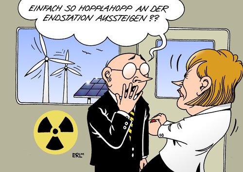 Cartoon: Hopplahopp-Ausstieg (medium) by Erl tagged atomenergie,ausstieg,energiewende,bundeskanzlerin,angela,merkel,schnell,zügig,bedenken,zug,endstation,alternativ,energie,windkraft,solarenergie,wasserkraft,atomenergie,ausstieg,energiewende,bundeskanzlerin,angela merkel,schnell,bedenken,zug,alternativ,energie,windkraft,solarenergie,endstation,wasserkraft,akw,angela,merkel