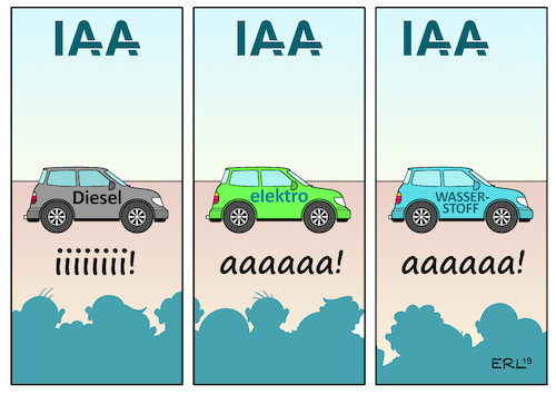 Cartoon: IAA (medium) by Erl tagged politik,auto,automobilbau,automobil,messe,frankfurt,iaa,diesel,skandal,krise,alternative,antriebe,elektroauto,elektromobilität,wasserstoff,mobilität,zukunft,klima,co2,klimaschutz,klimawandel,karikatur,erl,politik,auto,automobilbau,automobil,messe,frankfurt,iaa,diesel,skandal,krise,alternative,antriebe,elektroauto,elektromobilität,wasserstoff,mobilität,zukunft,klima,co2,klimaschutz,klimawandel,karikatur,erl