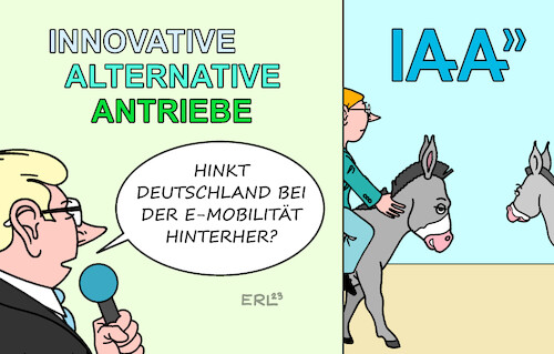 Cartoon: IAA I (medium) by Erl tagged politik,iaa,internationale,automobil,ausstellung,auto,mobilität,elektroantrieb,deutschland,rückstand,china,innovation,esel,klima,klimawandel,erderwärmung,co2,karikatur,erl,politik,iaa,internationale,automobil,ausstellung,auto,mobilität,elektroantrieb,deutschland,rückstand,china,innovation,esel,klima,klimawandel,erderwärmung,co2,karikatur,erl