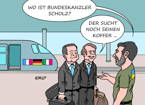 Cartoon: Ich hab noch einen Koffer in Ber (medium) by Erl tagged politik,krieg,angriff,überfall,russland,ukraine,eu,solidarität,sanktionen,waffenlieferungen,beitritt,besuch,macron,draghi,frankreich,italien,deutschland,bundeskanzler,olaf,scholz,zaudern,langsamkeit,gepäck,koffer,mitbringsel,präsident,selenskyj,zug,bahnhof,karikatur,erl,politik,krieg,angriff,überfall,russland,ukraine,eu,solidarität,sanktionen,waffenlieferungen,beitritt,besuch,macron,draghi,frankreich,italien,deutschland,bundeskanzler,olaf,scholz,zaudern,langsamkeit,gepäck,koffer,mitbringsel,präsident,selenskyj,zug,bahnhof,karikatur,erl