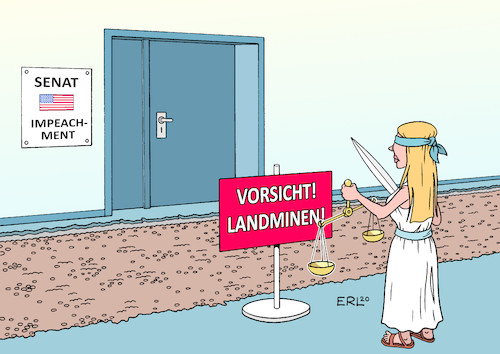 Cartoon: Impeachment (medium) by Erl tagged politik,usa,präsident,donald,trump,ukraine,affäre,geld,bedingung,gefälligkeit,impeachment,amtsenthebungsverfahren,anklage,aussage,john,bolton,ex,sicherheitsberater,belastung,senat,mehrheit,republikaner,ablehnung,zulassung,zeuge,aufhebung,verbot,landminen,justitia,gerechtigkeit,karikatur,erl,politik,usa,präsident,donald,trump,ukraine,affäre,geld,bedingung,gefälligkeit,impeachment,amtsenthebungsverfahren,anklage,aussage,john,bolton,ex,sicherheitsberater,belastung,senat,mehrheit,republikaner,ablehnung,zulassung,zeuge,aufhebung,verbot,landminen,justitia,gerechtigkeit,karikatur,erl