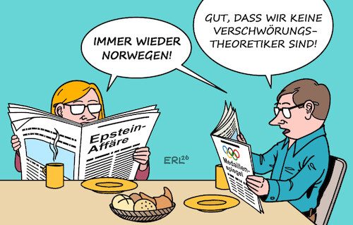 Cartoon: In den Schlagzeilen (medium) by Erl tagged politik,epstein,affäre,prominenz,adel,norwegen,sport,olympia,winterspiele,medaillenspiegel,karikatur,erl,politik,epstein,affäre,prominenz,adel,norwegen,sport,olympia,winterspiele,medaillenspiegel,karikatur,erl