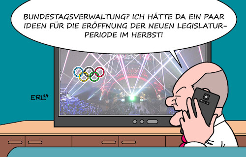 Cartoon: Inspiration (medium) by Erl tagged politik,sport,olympische,sommerspiele,paris,2024,eröffnungsfeier,gigantisch,farbenfroh,inspiration,bundeskanzler,olaf,scholz,ideen,eröffnung,legislaturperiode,bundestag,aufpolieren,image,bundesregierung,ampel,spd,grüne,fdp,fernsehen,karikatur,erl,politik,sport,olympische,sommerspiele,paris,2024,eröffnungsfeier,gigantisch,farbenfroh,inspiration,bundeskanzler,olaf,scholz,ideen,eröffnung,legislaturperiode,bundestag,aufpolieren,image,bundesregierung,ampel,spd,grüne,fdp,fernsehen,karikatur,erl