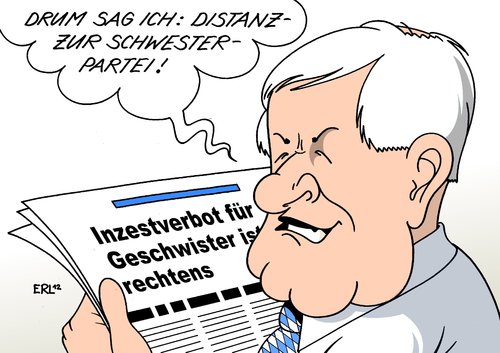 Cartoon: Inzestverbot (medium) by Erl tagged verbot,inzest,bayern,distanz,seehofer,csu,cdu,partei,schwesterpartei,egmr,gerichtshof,gericht,eu,urteil,menschenrecht,deutschland,geschwister,inzest,verbot,geschwister,deutschland,menschenrecht,urteil,eu,gericht,gerichtshof,egmr,schwesterpartei,cdu,csu,seehofer,distanz,bayern,partei