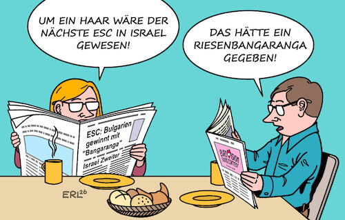 Cartoon: Israel (medium) by Erl tagged politik,kultur,musik,esc,eurovision,sieger,bulgarien,bangaranga,zweiter,israel,austragungsort,boykott,gaza,krieg,karikatur,erl,politik,kultur,musik,esc,eurovision,sieger,bulgarien,bangaranga,zweiter,israel,austragungsort,boykott,gaza,krieg,karikatur,erl
