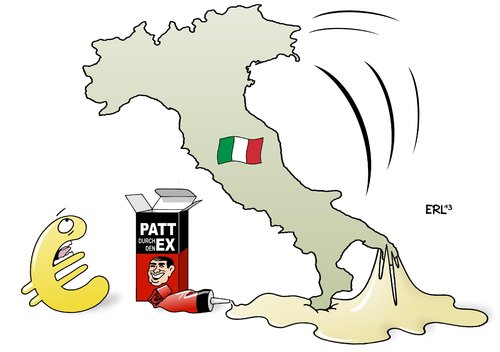 Cartoon: Italien Patt (medium) by Erl tagged wahl,italien,patt,pattex,berlusconi,grillo,bersani,eu,euro,angst,unsicherheit,italien